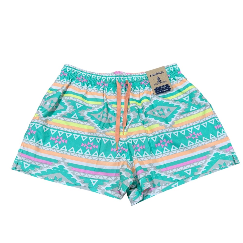 chubbies NWT Teal Aztec Pattern Swim Trunks w/Pink, Yellow, and Orange Accents